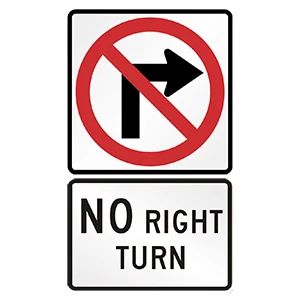 Road sign: No right turns.