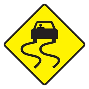Road sign: Slow down; slippery when wet.