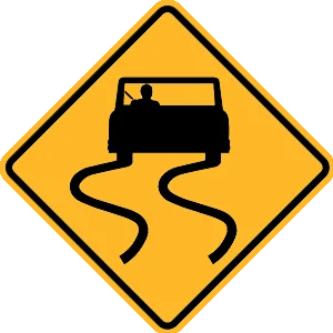 Road sign: Slippery when wet.
