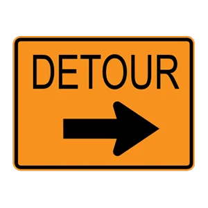 Road sign: Follow a detour to the right.