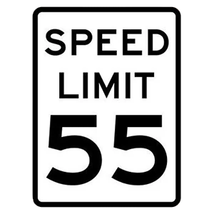 Road sign: The maximum speed limit under ideal conditions is 55 mph.