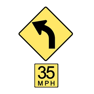 Road sign: Approach the upcoming curve at a speed of 35 mph or slower.
