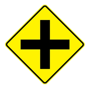 Road sign: A four-way intersection is ahead.