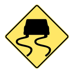 Road sign: Slippery when wet.