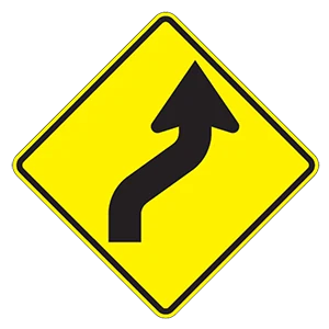 Road sign: Curves right, then left.