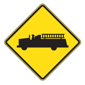Road sign: Fire station.