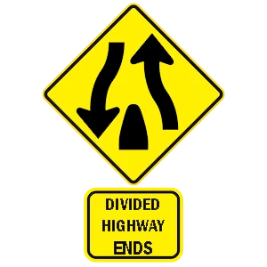 Road sign: Divided highway ends.