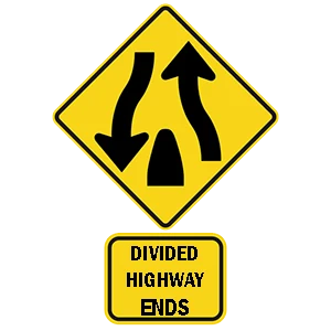 Road sign: Divided highway ends.