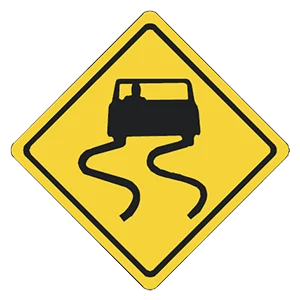 Road sign: Slippery when wet.