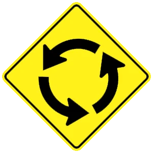 Road sign: Roundabout ahead.
