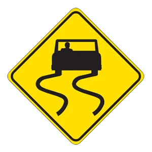 Road sign: Slippery when wet.