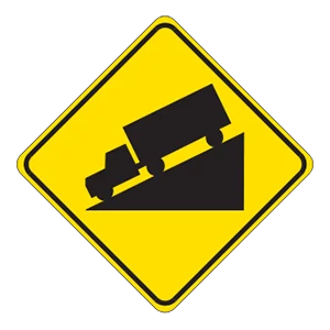 Road sign: Steep downgrade.