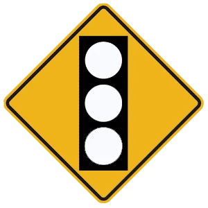 Road sign: Red, yellow, green.