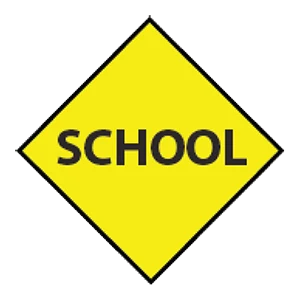 Road sign: A school zone is ahead.