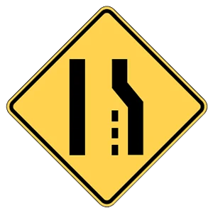 Road sign: Right lane ends.