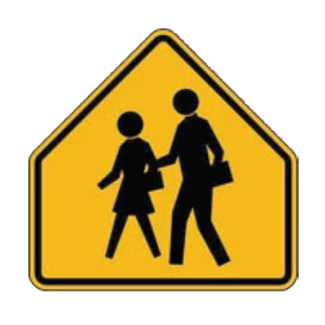 Road sign: School crossing or school zone.