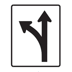 Road sign: Turn left or continue straight.