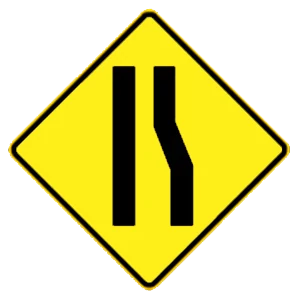 Road sign: Lane ends or roadway narrows ahead.