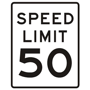 Road sign: The speed limit is 50 miles per hour.