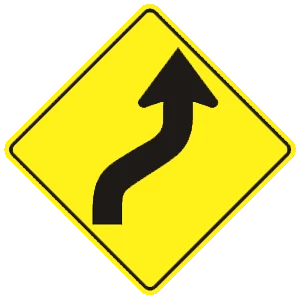 Road sign: The road ahead curves right then left.