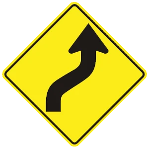 Road sign: The highway ahead curves to the right and then to the left.