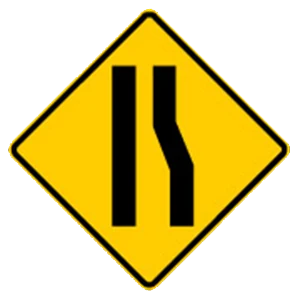 Road sign: The right lane is ending and traffic should merge left.