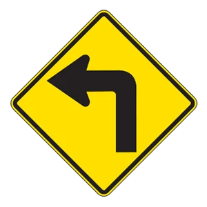 Road sign: Sharp turn ahead, slow down.