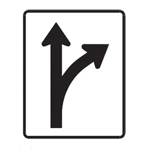 Road sign: Turn right or continue straight.