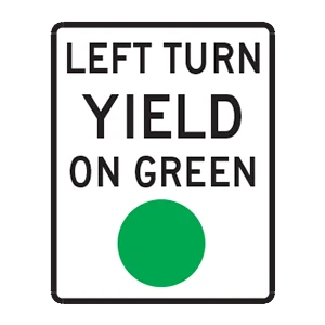 Road sign: Left turn yield on green.