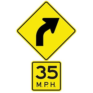 Road sign: The road ahead curves right. Slow down to the safe speed indicated.