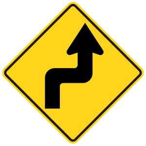 Road sign: The road ahead turns sharply right then sharply left.